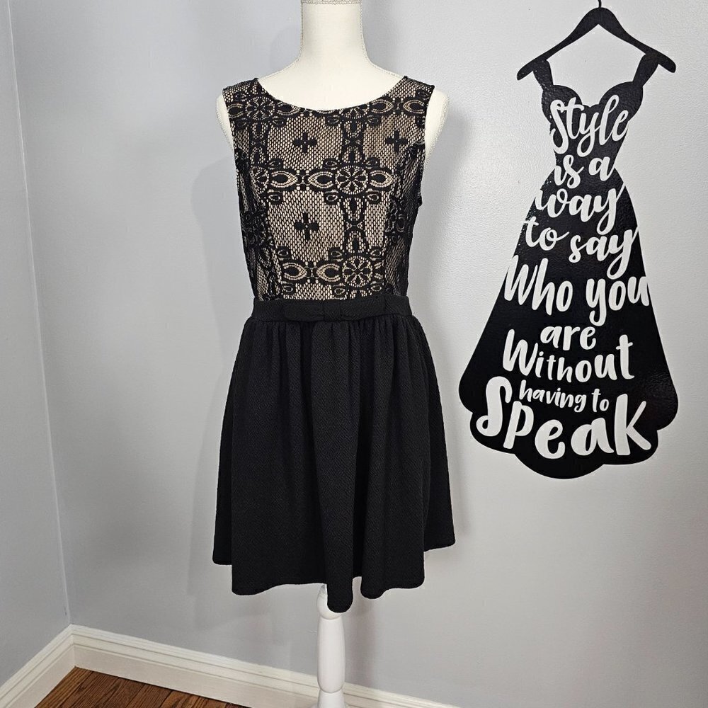 Rewind Knit Lace Solid Black Sleeveless Mini Dress